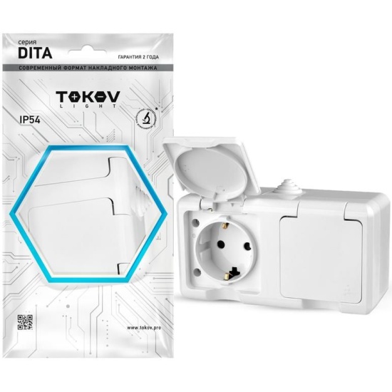 Розетка 2-м ОП 16А IP54 250В с/з с крышкой белый Dita TOKOV ELECTRIK